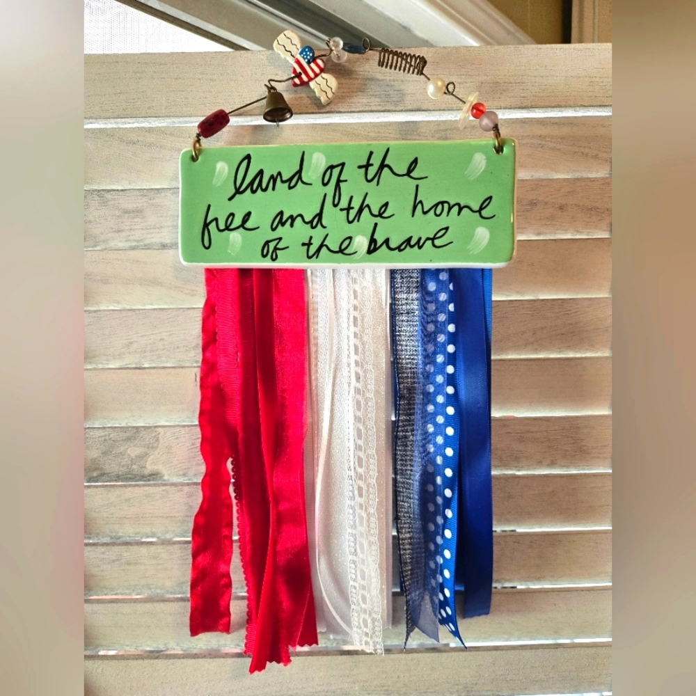 Americana Country Land of the Free Home of the Brave Ribbon Door Wall Sign Rust